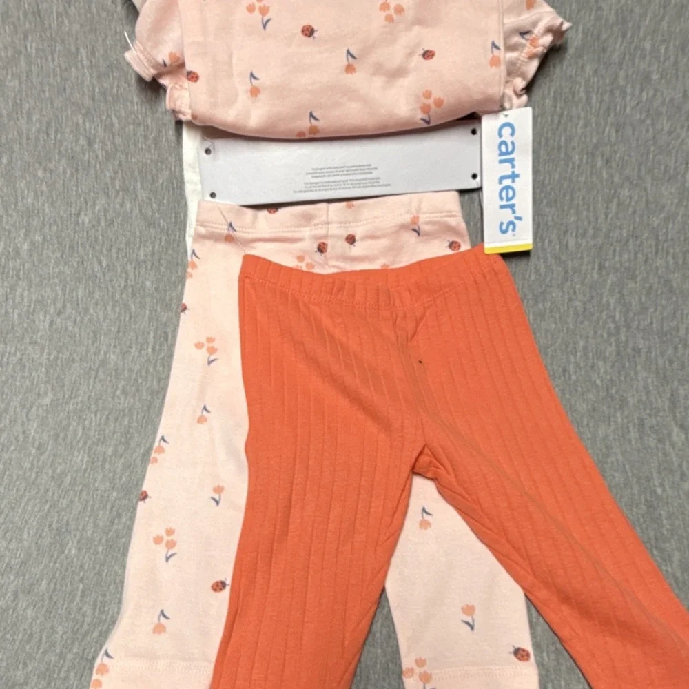 Carter's 3 Piece Ladybug Floral Pants Set 6M Pink Orange Shirt Bodysuit
